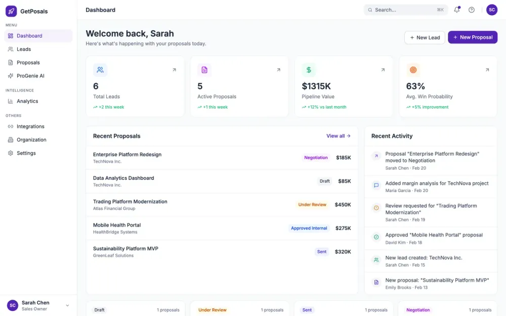 GetPosals — An AI proposal workspace, designed and built solo, design to deployment.
