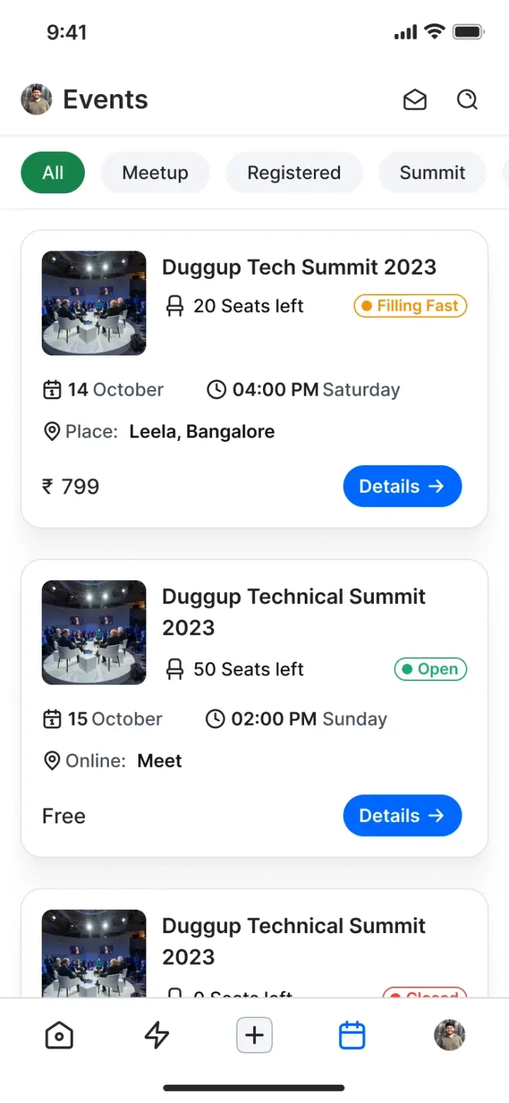 The Duggup events list with All, Meetup, Registered and Summit filters, showing event cards with seats remaining, date, venue and price