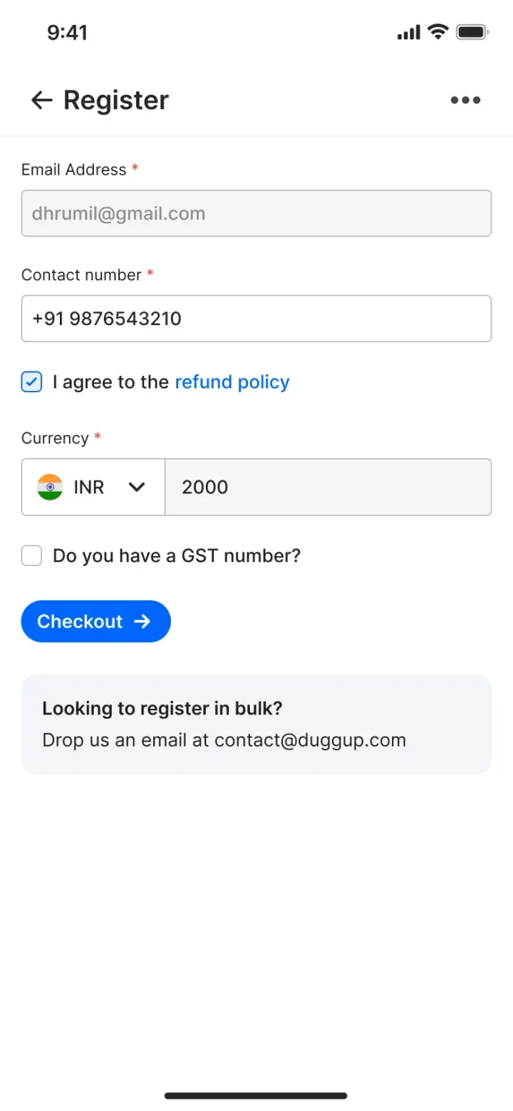 The Duggup event registration form with email, contact number, refund policy checkbox, currency selector and GST number field
