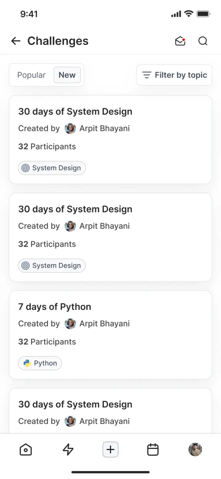 The Duggup challenges list with Popular and New tabs, a topic filter, and challenge cards showing creator and participant counts