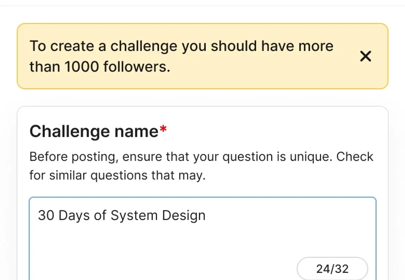 The Duggup create-a-challenge screen with a yellow banner stating that creating a challenge requires more than 1000 followers, above the challenge name field