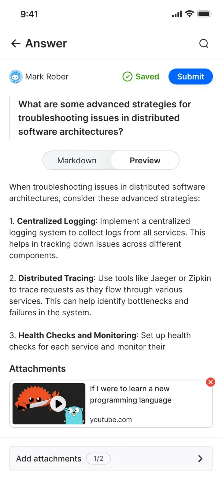 The Duggup answer composer showing a question, Markdown and Preview tabs, a saved indicator and an attachment slot