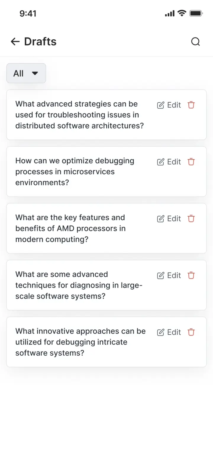 A Duggup drafts list showing five saved questions, each with edit and delete controls