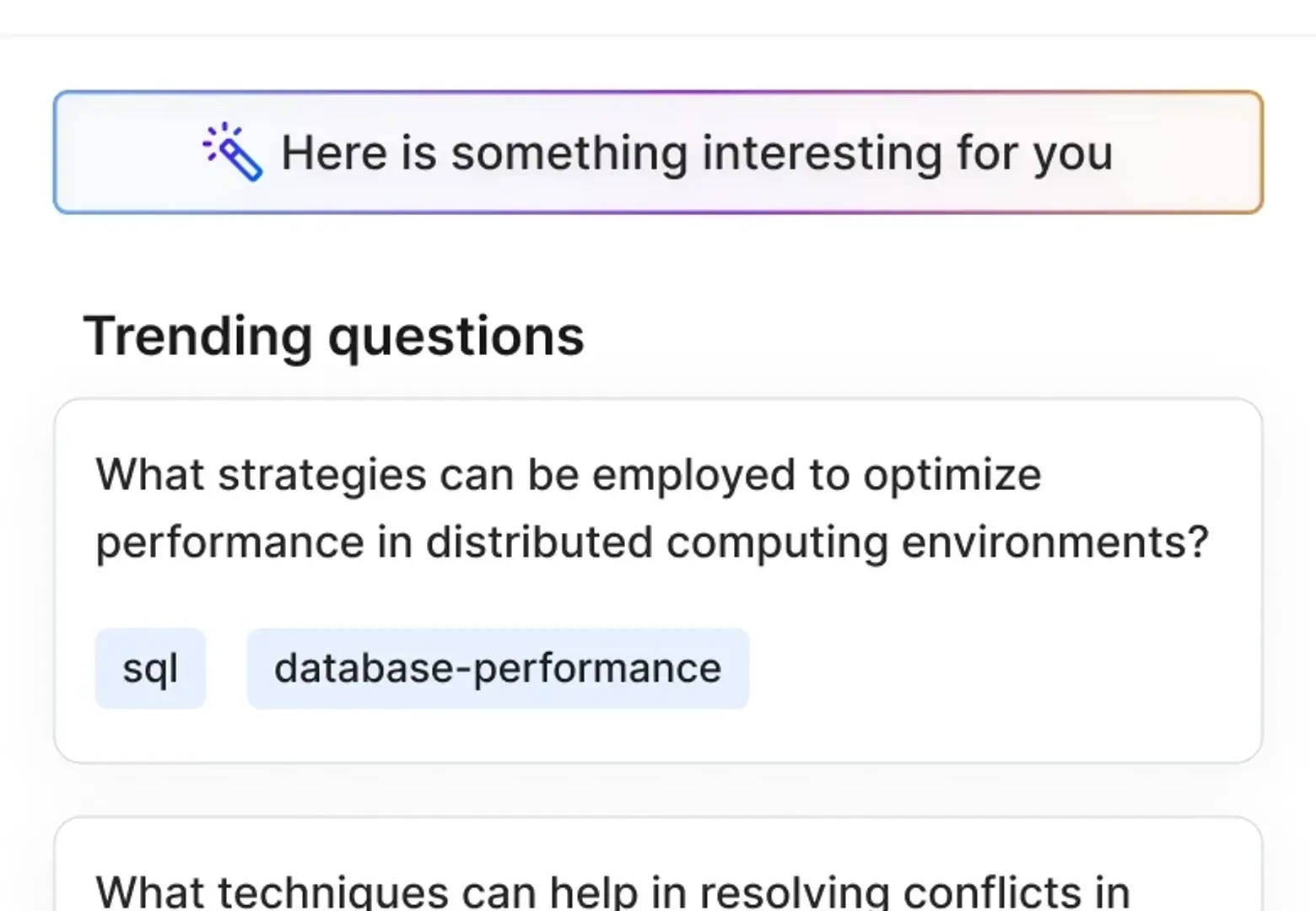The Duggup search screen before any query, showing a banner reading here is something interesting for you above a list of trending questions with topic tags