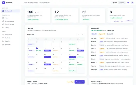 The mentorship platform's teacher console, progress counters beside a scheduling calendar