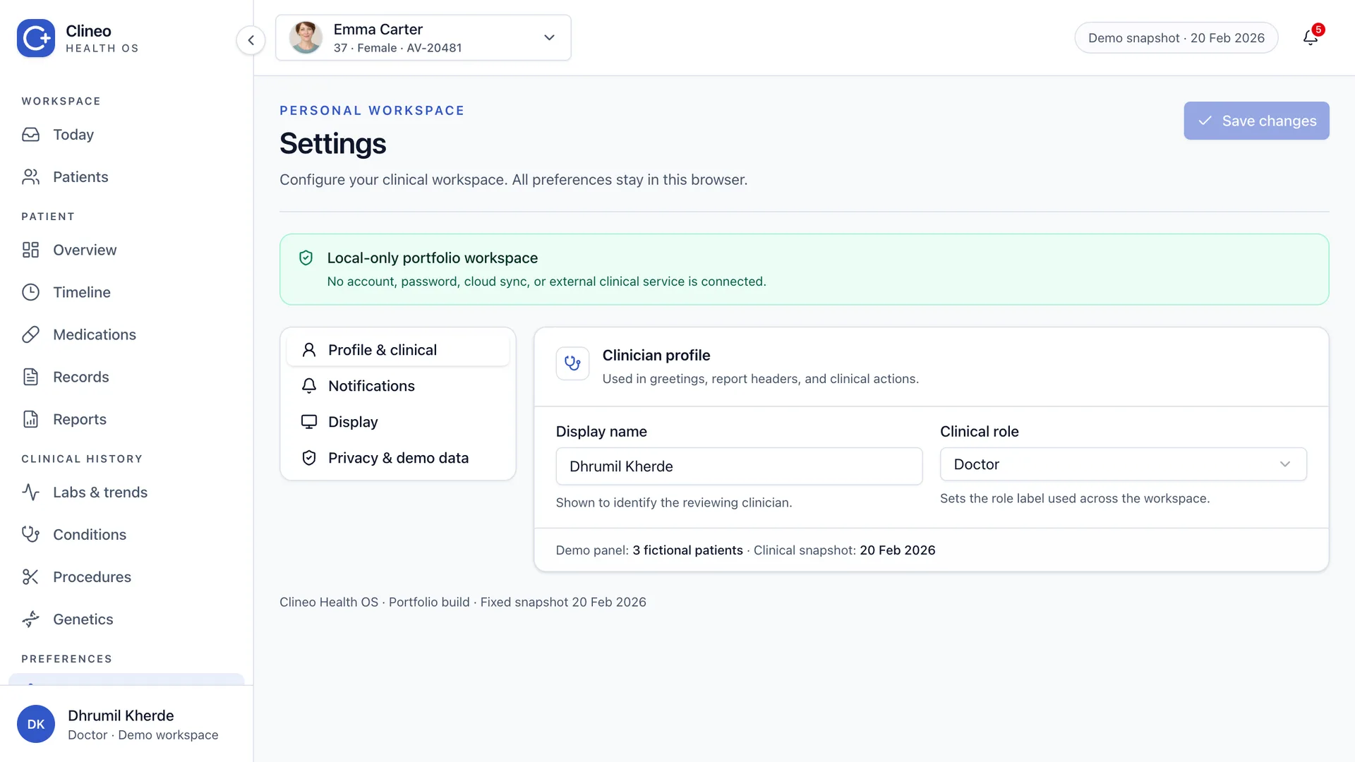 Local-only settings screen with profile, notification, density and text controls